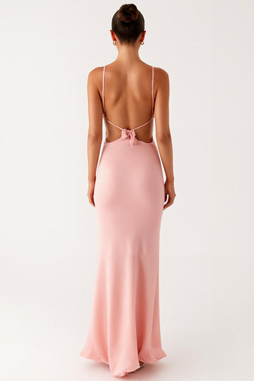 Robe formelle en mousseline de soie à bretelles spaghetti fourreau rose